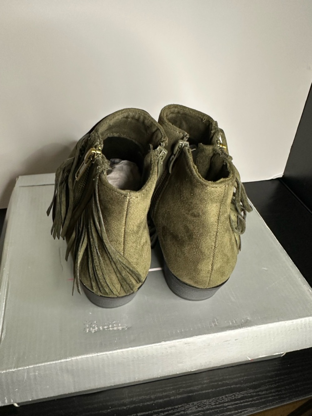 Herstyle Olive Green Suede Fringe Ankle Boots - Picture 5 of 7